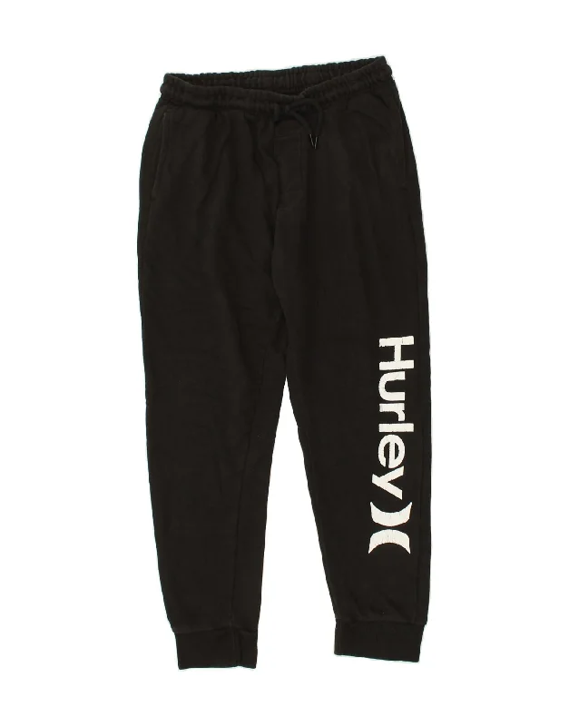 HURLEY Womens Graphic Tracksuit Trousers Joggers UK 14 Large Black Cotton