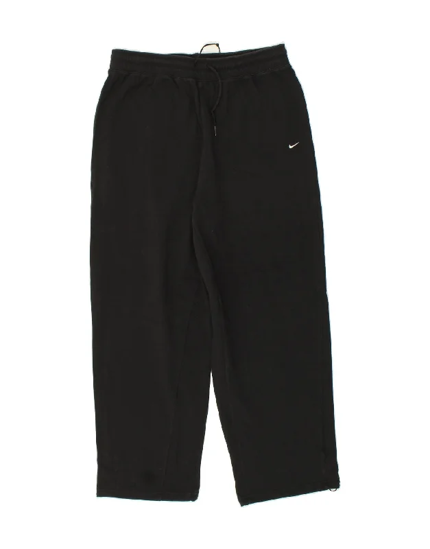 NIKE Womens Tracksuit Trousers UK 14 Large Black Cotton Wide Leg Loose Fit Mid Waist