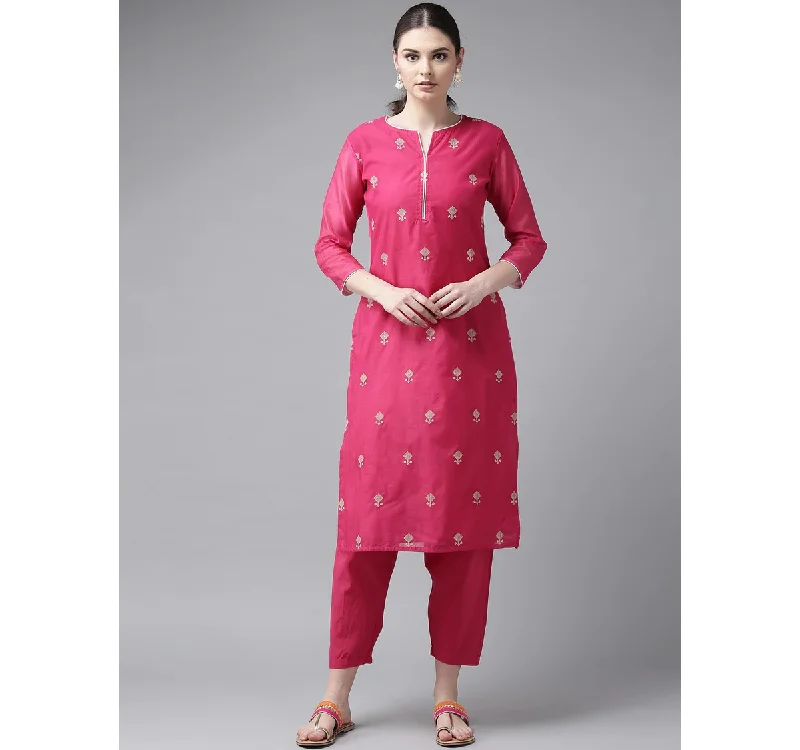 Women'S Pink & Cream-Coloured Embroidered Kurta With Trousers