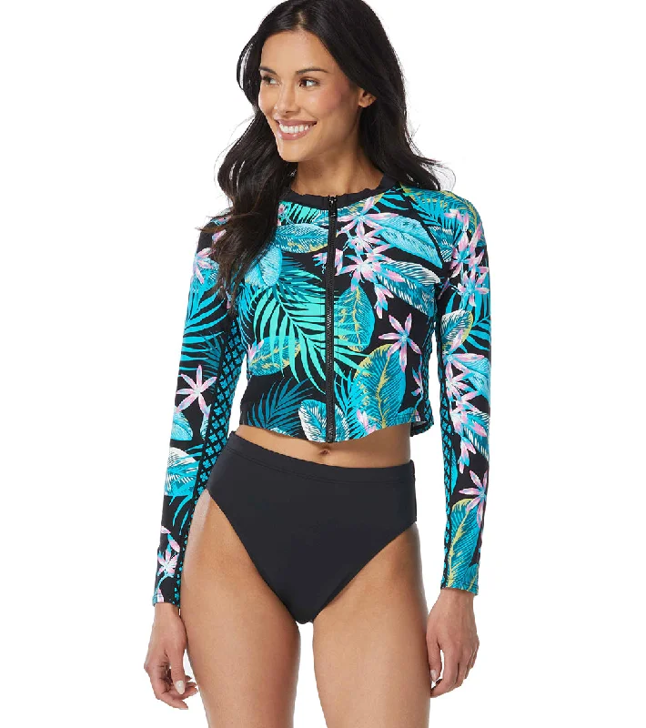 Beach House Women's Delray Botanical Impact Crop Top Long Sleeve Zip Front Rash Guard Black