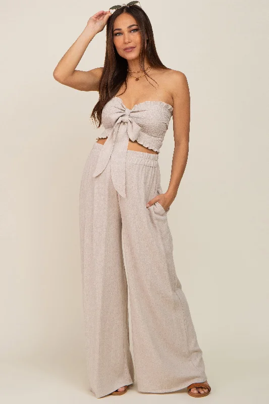 Beige Front Tie Crop Top and Pant Maternity Set