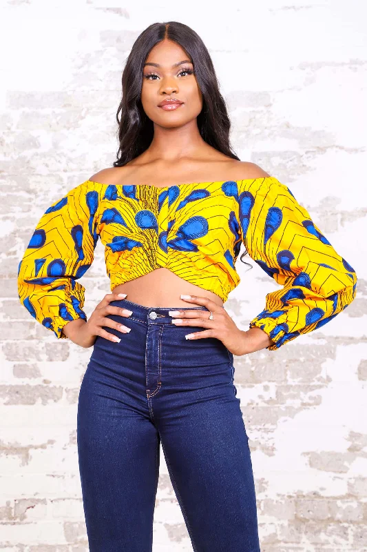 YELLOW BULB AFRICAN PRINT PUFFY SLEEVE WOMEN'S CROP TOP