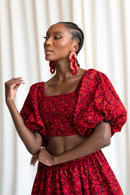 TOLA Smocked Puffy Sleeve African Print Crop Top