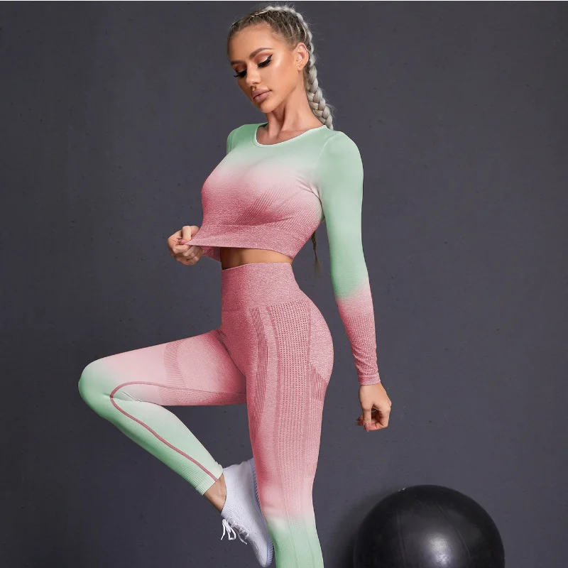 Women Fashion Sportswear Gradient Color Long Sleeve Crop Top And Leggings Yoga Set