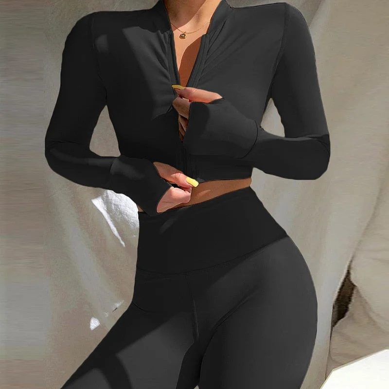 Long Sleeve Zipper Crop Top Leggings Tracksuit