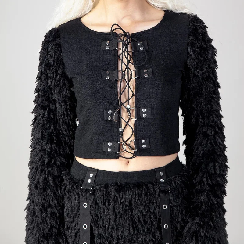 Women's Gothic Faux Fur Splice Lace-up Crop Top