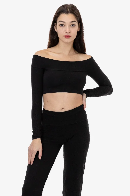 83074GD - Cotton Spandex Long Sleeve Off Shoulder Crop Top Seamless Knitted Crochet