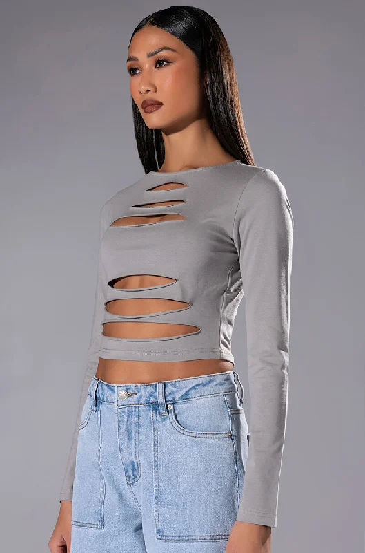 ALANI CUT OUT LONG SLEEVE CROP TOP Zippered Buttoned Snapped