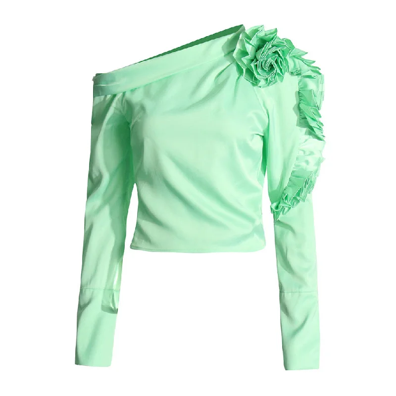 Asymmetric One Shoulder Rosette Pleated Ruffle Long Sleeve Crop Top Nylon Fabric Polyester Fabric Spandex Fabric
