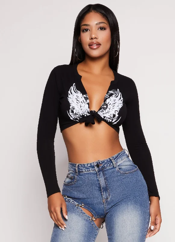 Plunge Graphic Tie Front Crop Top Lace Blend Ribbed Blend Corduroy Blend