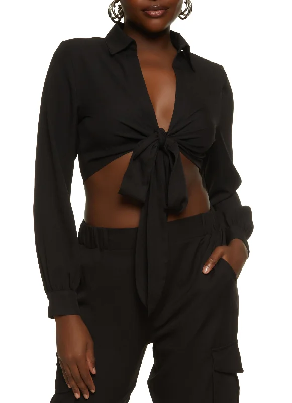 Crepe Knit Tie Front Crop Top Layered Multi-layer Single Layer