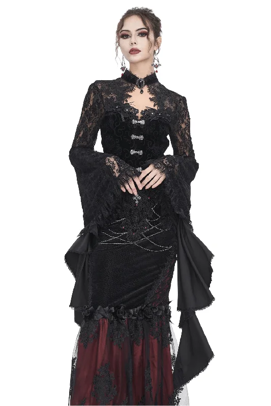 Black Sheer Lace Crop Top With Long Bell Sleeves Chenille Brocade Lace