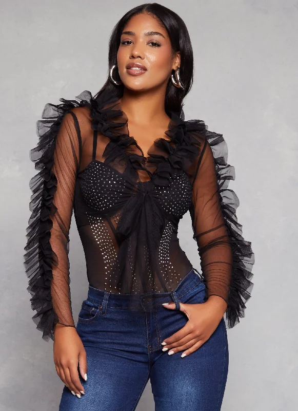 Tulle Ruffled Tie Front Crop Top Cashmere Blend Cotton Blend Poly Blend