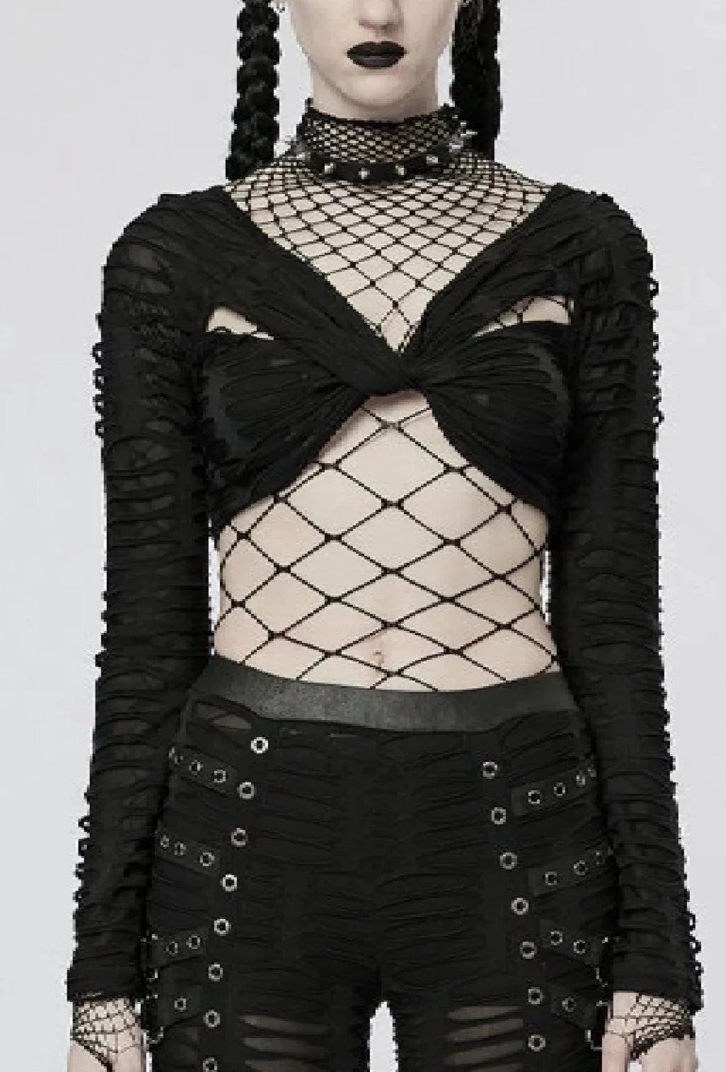 Black Twist Long Sleeve Crop Top w/ Bell Sleeves Terry Blend Velvet Blend Canvas Blend