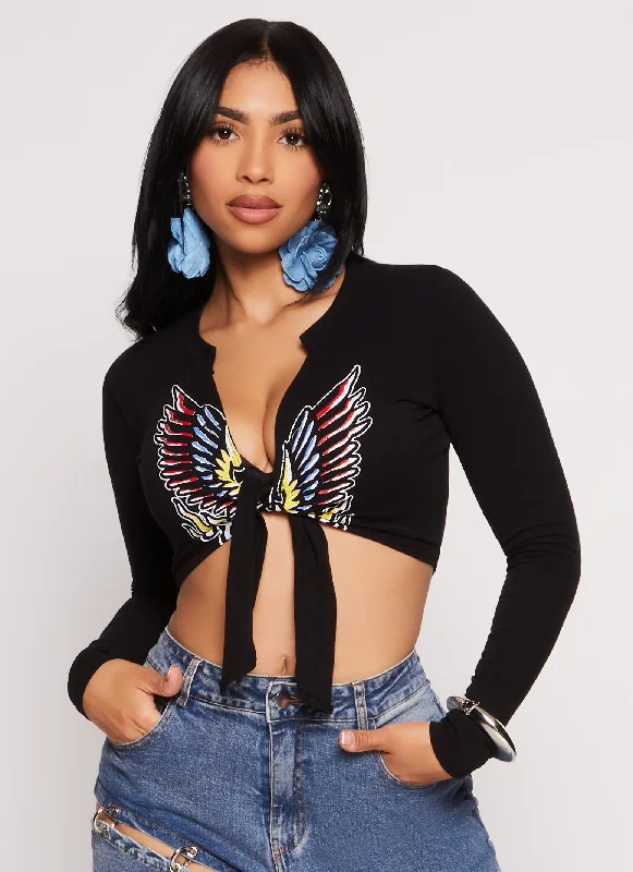 Wings Tie Front Graphic Crop Top Polka Dot Checkered Tartan