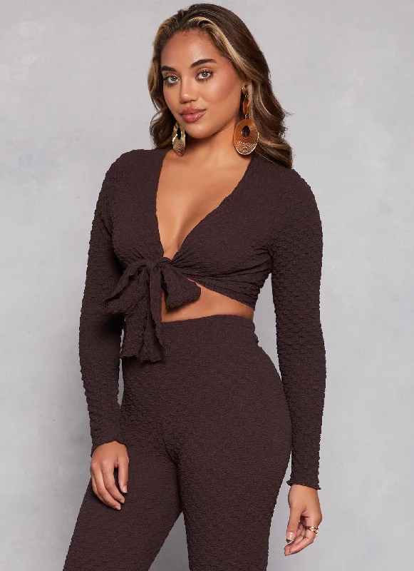 Textured Knit Long Sleeve Tie Front Crop Top Sequined Glittery Shiny