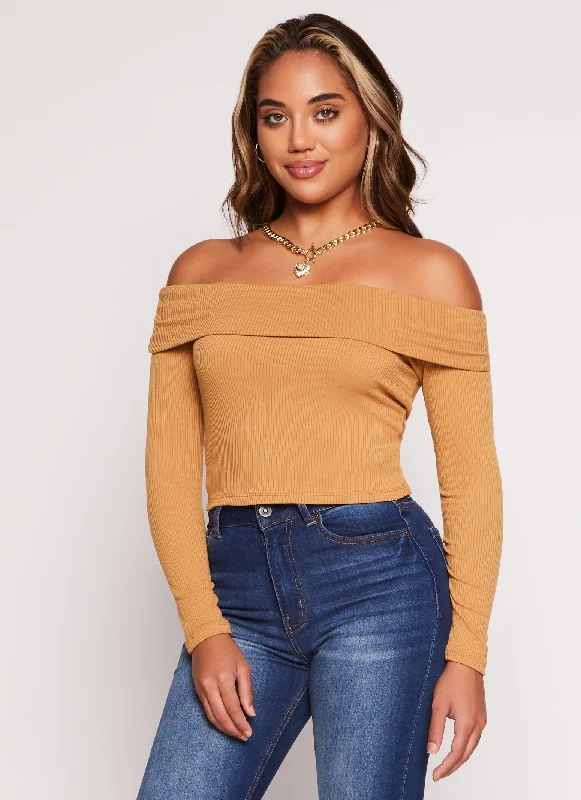 Iris Long Sleeve Off the Shoulder Crop Top Terry Blend Velvet Blend Canvas Blend