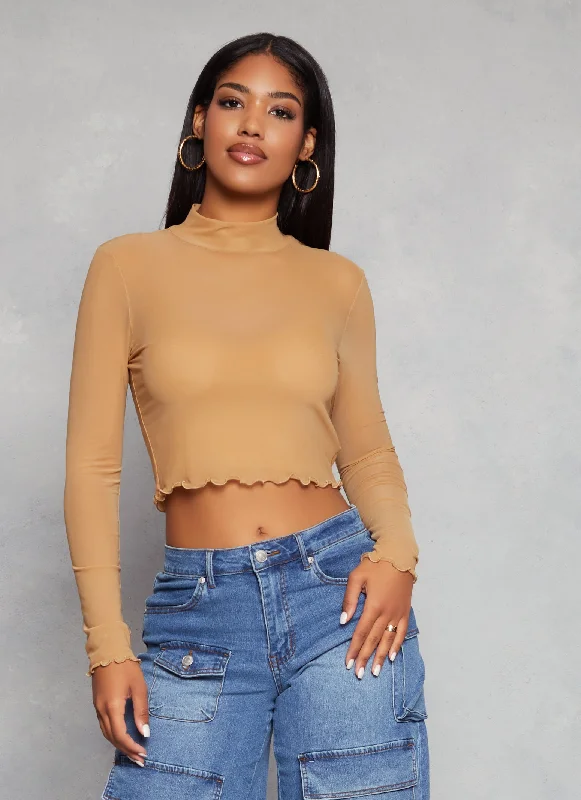 Mesh Mock Neck Lettuce Edge Crop Top Mesh Blend Leather Blend Suede Blend