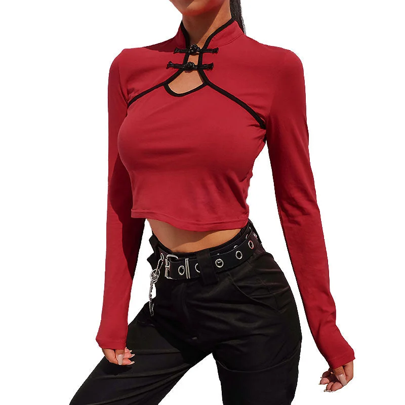 Chinese Long Sleeve Fashion Crop Tops / Women Alternative Clothing Silk Blend Satin Velvet