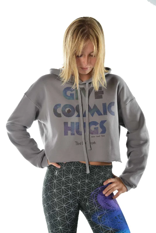 Crop Top Hoodie with "Give Cosmic Hugs" Quote Denim Fabric Leather Fabric Suede Fabric