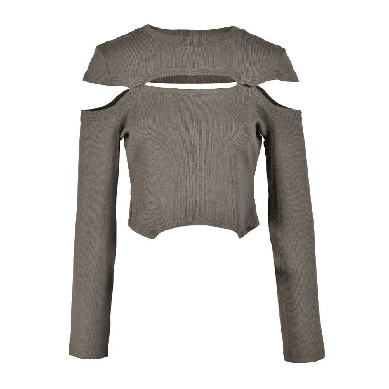 Deconstructed Crew Neck Split Trim Long Sleeve Rib Knit Asymmetric Crop Top Chenille Fabric Brocade Fabric Lace Fabric