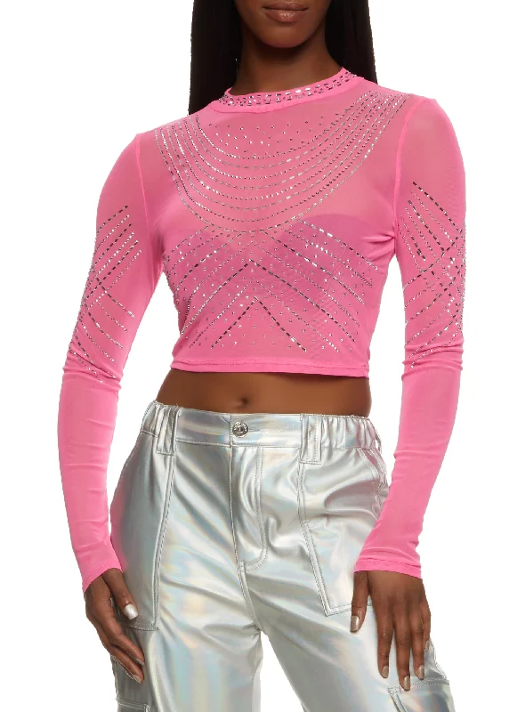 Sheer Mesh Rhinestone Crop Top Knit Fabric Woven Fabric Fleece Fabric