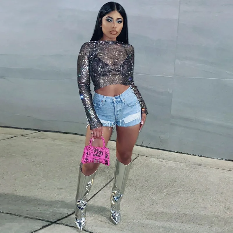Glittery Rhinestone Mesh Long Sleeve Embellished Crop Top - Black Notch Collar Peter Pan Collar Cowl Neck