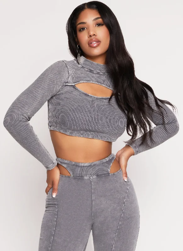 Acid Wash Keyhole Long Sleeve Crop Top Collared Crew Neck Turtle Neck