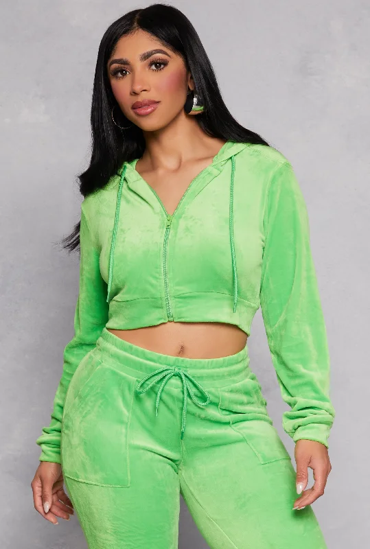 Velour Zip Front Hooded Crop Top Polka Dot Checkered Tartan