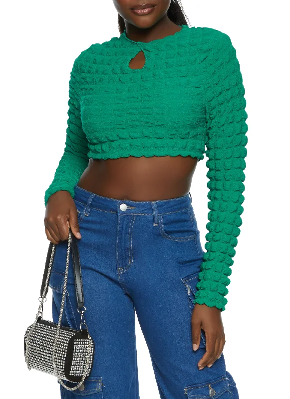 Bubble Knit Keyhole Crop Top Solid Color Striped Floral