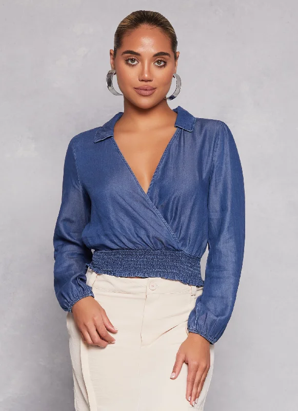 Chambray Faux Wrap Crop Top Solid Print Embellished