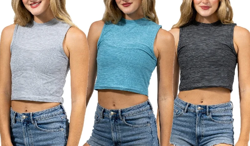 Mock Neck Crop Top | Everyday Quick-dry Yoga | Womens (3 Pack) Satin Blend Silk Blend Wool Blend