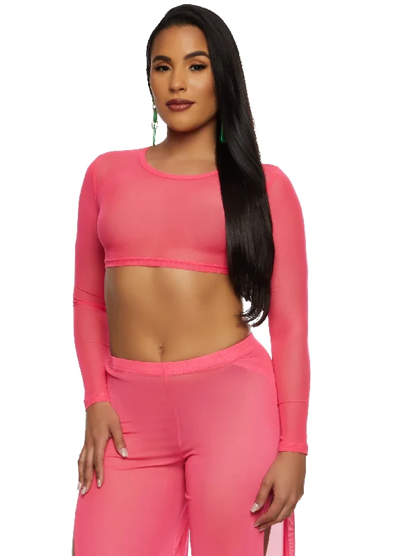Daisy Mesh Long Sleeve Crop Top Notch Collar Peter Pan Collar Cowl Neck