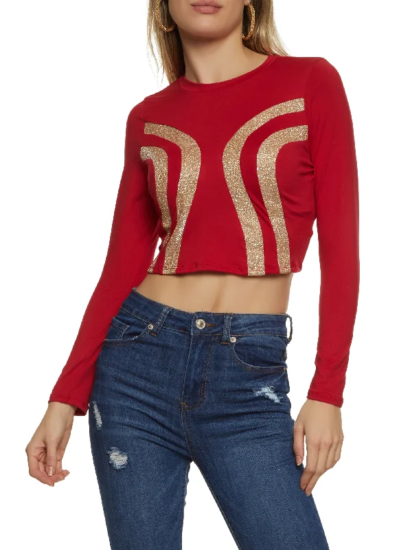 Glitter Patterned Long Sleeve Crop Top Thin Crop Top Open Front Quick Dry