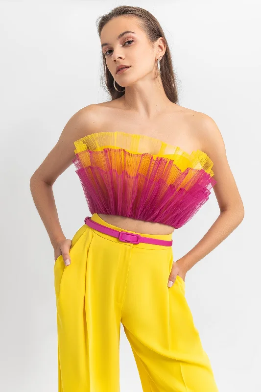 Ruffled tulle crop top with pants Wool Fabric Cashmere Fabric Tweed Fabric