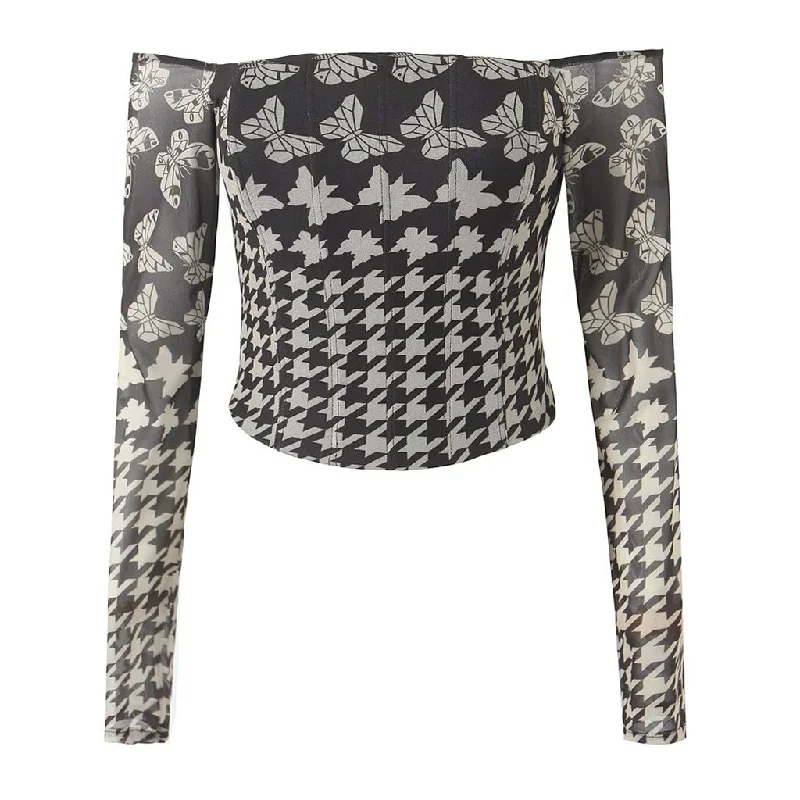 Sexy Butterfly Houndstooth Print Off Shoulder Long Sleeve Mesh Crop Top Rayon Fabric Velvet Fabric Corduroy Fabric