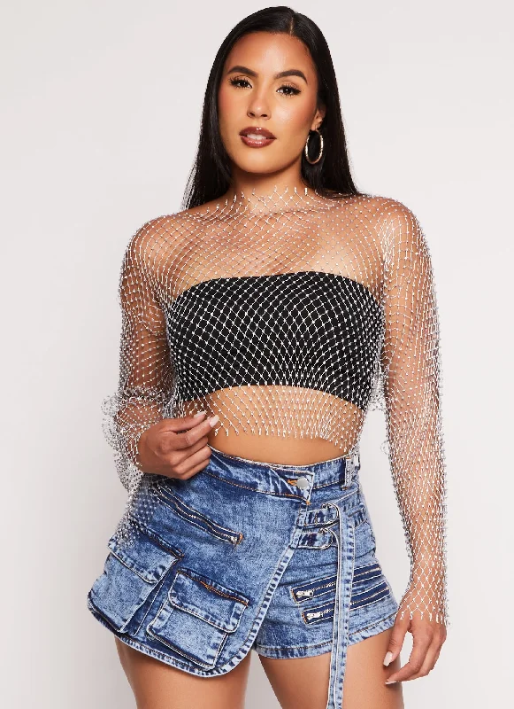 Rhinestone Fishnet Crop Top Print Jacquard Patchwork
