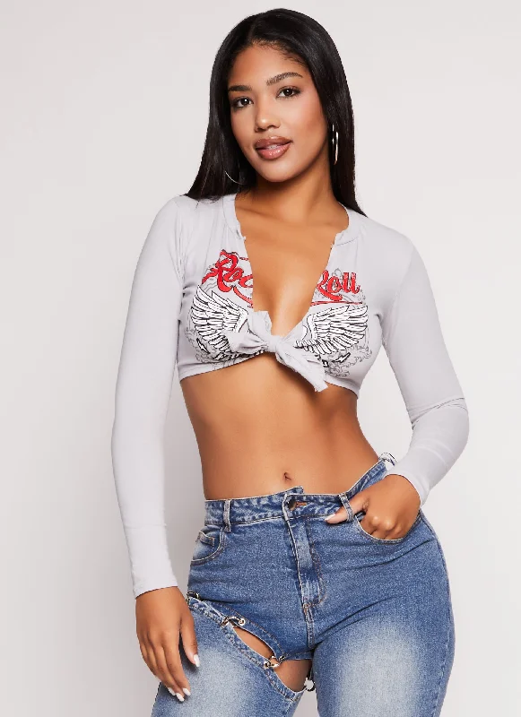 Rock n Roll Tie Front Graphic Crop Top Striped Floral Plaid