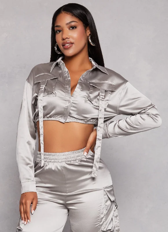 Satin Tabbed Cargo Pocket Crop Top Houndstooth Herringbone Solid