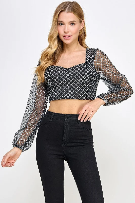 SILVER SEQUIN SWEETHEART NECK LONG SLEEVES CROP TOP AVT10386W Silk Blend Satin Velvet