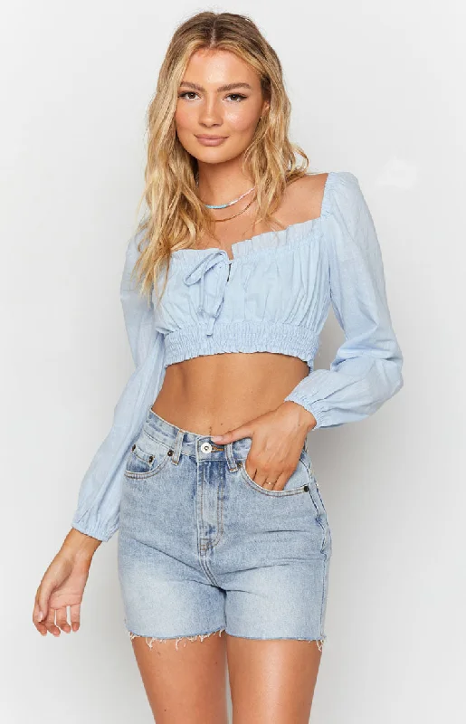 Sophia Crop Top Blue Lace Blend Ribbed Blend Corduroy Blend