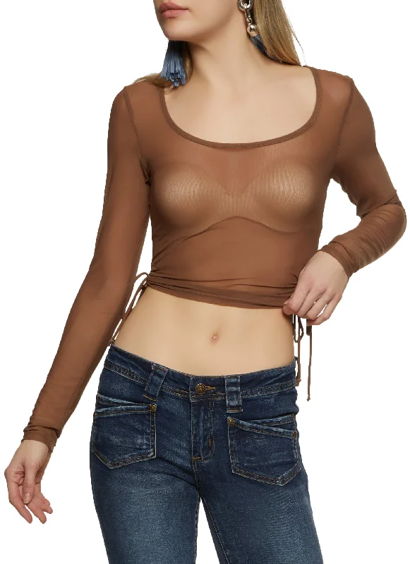 Long Sleeve Tie Side Mesh Crop Top Ribbed Crop Top High Neck Heavyweight