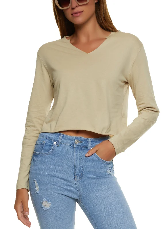 Notch Neck Raw Hem Crop Top Casual Formal Business