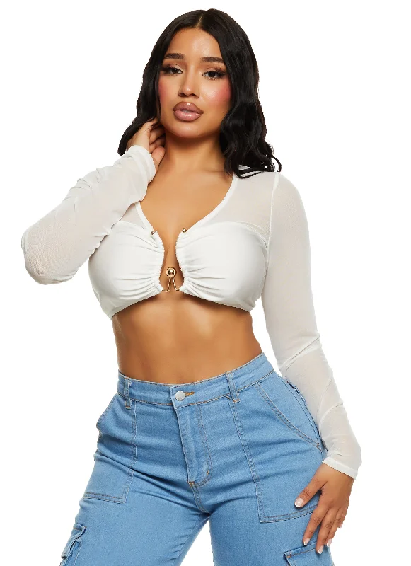 Mesh Metallic Plunge Detail Crop Top Hooded Caped Shawl Collar