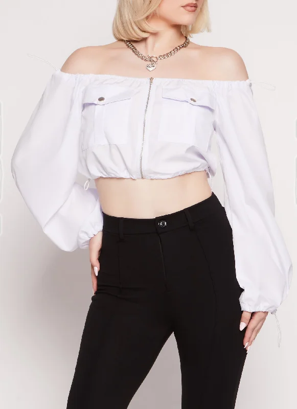 Poplin Zip Front Toggle Drawstring Crop Top Spandex Blend Rayon Blend Denim Blend