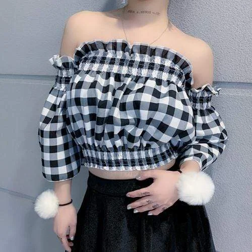 Women's Goth Plaid Puff Sleeves Crop Top Chenille Brocade Lace