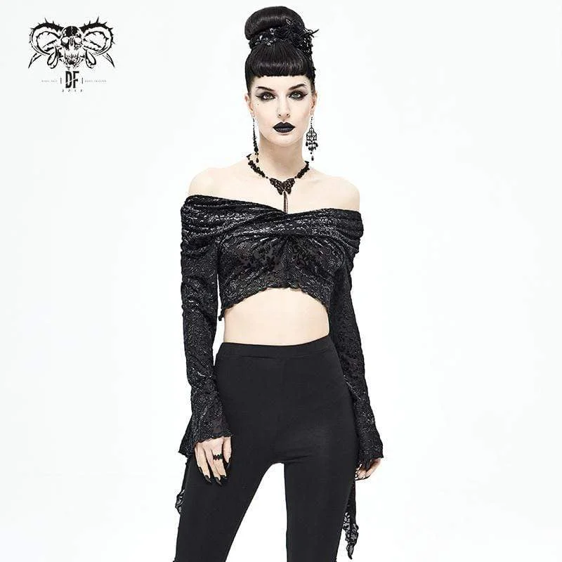 Women's Gothic Flare Sleeve Off Shoulder Black Crop Top Plaid Crop Top Polka Dot Checkered