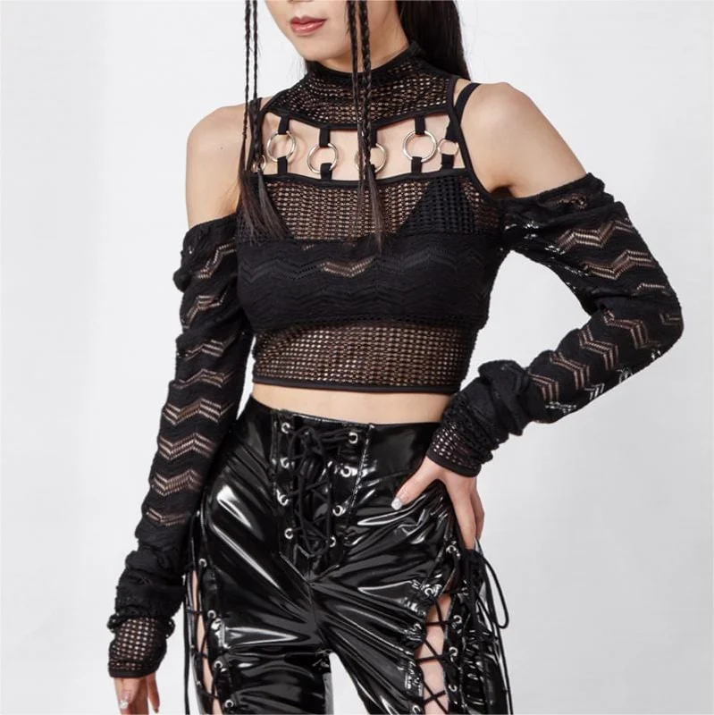 Women's Gothic High Collar  Off Shoulder Long Sleeved Crop Top