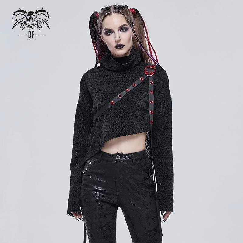 Women's Gothic Irregular Turtleneck Crop Top Asymmetrical Pockets Print