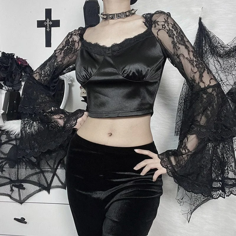 Women's Gothic Lace Flare Sleeved Crop Top Cotton Fabric Linen Fabric Terry Fabric